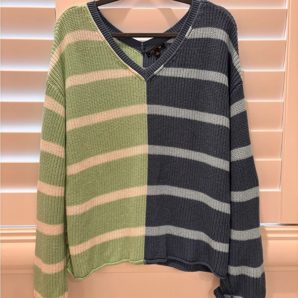 Peace Double V Sweater Striped V-Neck Sweater - Blue and Green Size M - Picture 2 of 6